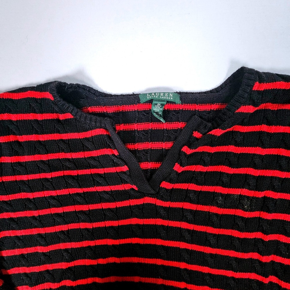 Lauren Ralph Lauren Black Red Striped Cable Knit Split V-Neck Sweater 3X